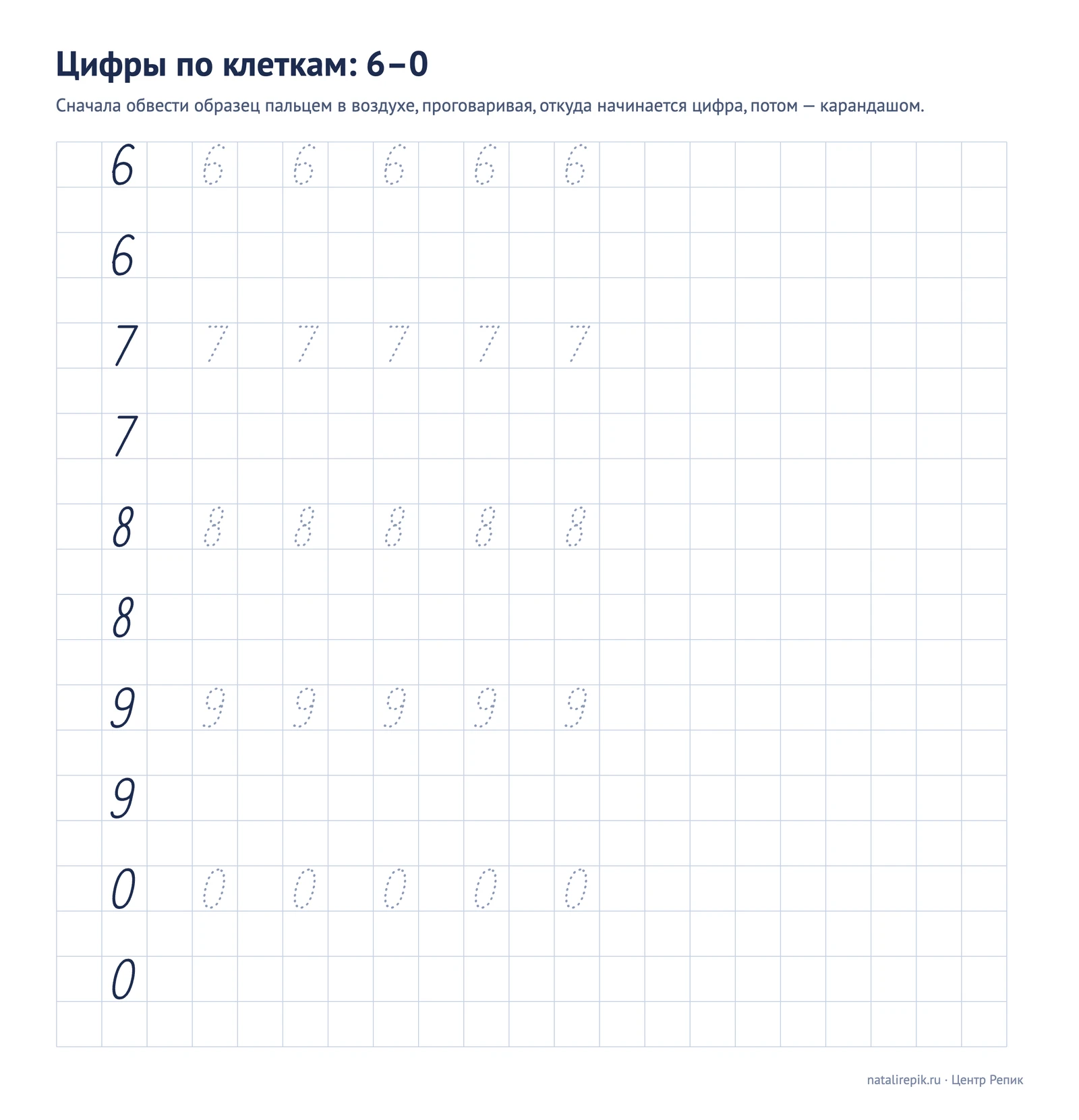 Цифры по клеткам 6–0: образец, пунктир и строка для самостоятельной работы для цифр 6, 7, 8, 9 и 0