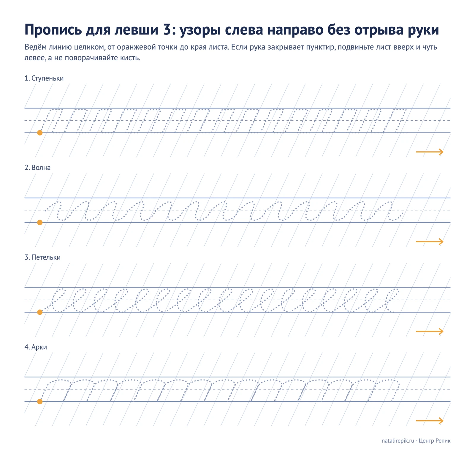 Лист для печати: узоры слева направо без отрыва руки: ступеньки, волна, петельки и арки