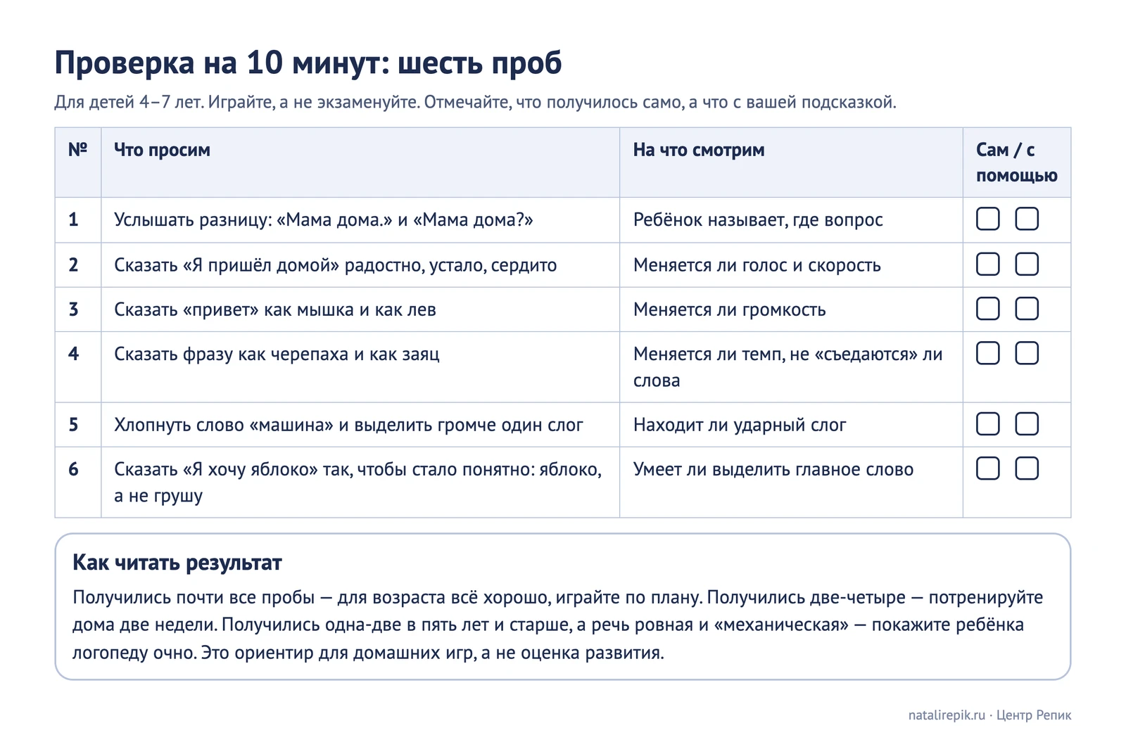 Лист для печати: проверка на 10 минут, шесть проб с колонкой отметок