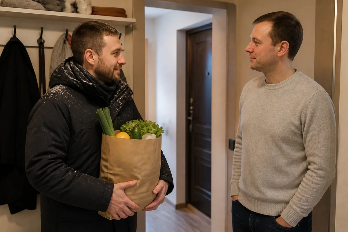 Мужчина стоит в прихожей квартиры друга с пакетом продуктов, они тихо здороваются, друг благодарно кивает