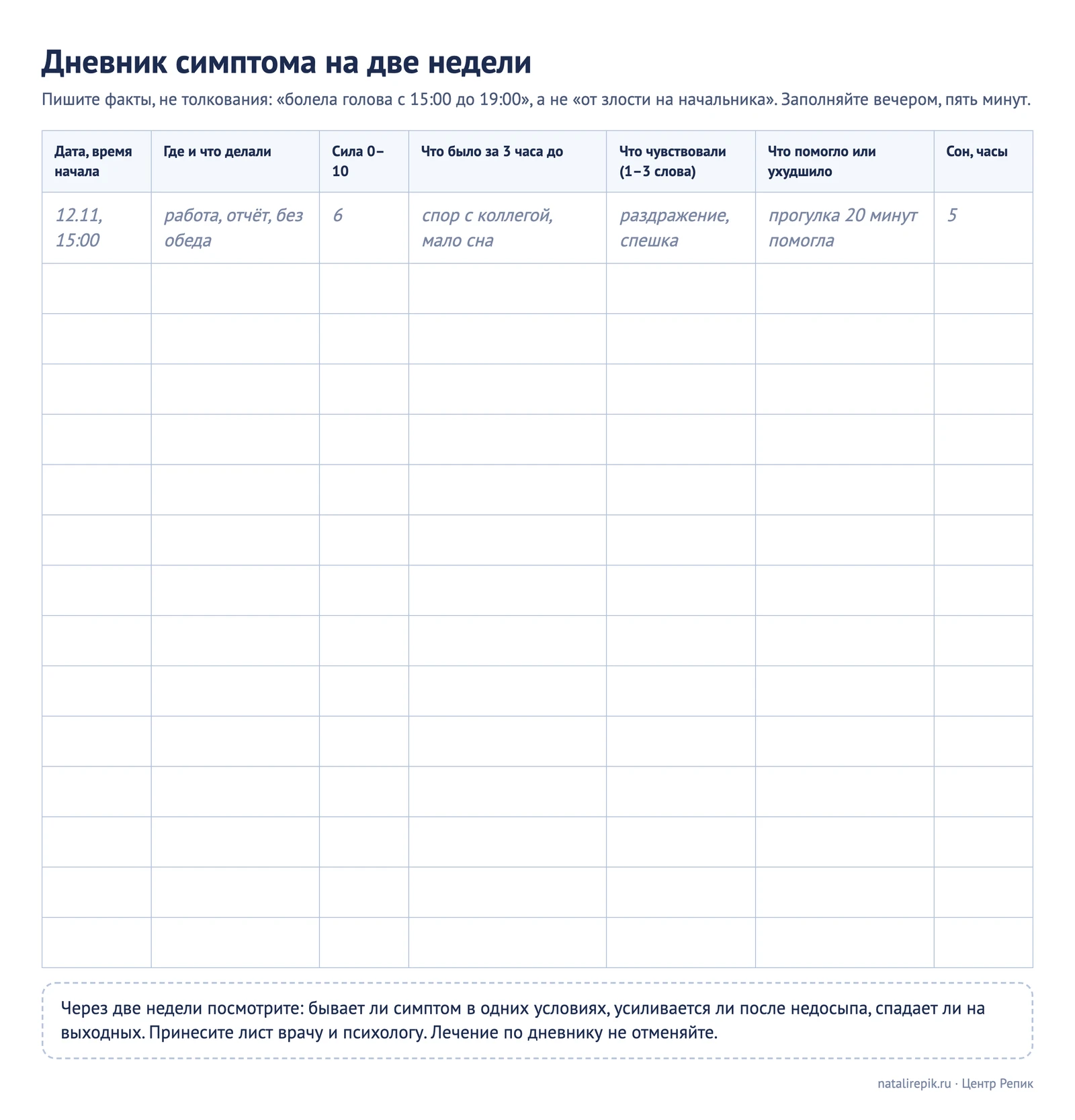 Лист для печати: дневник симптома на две недели