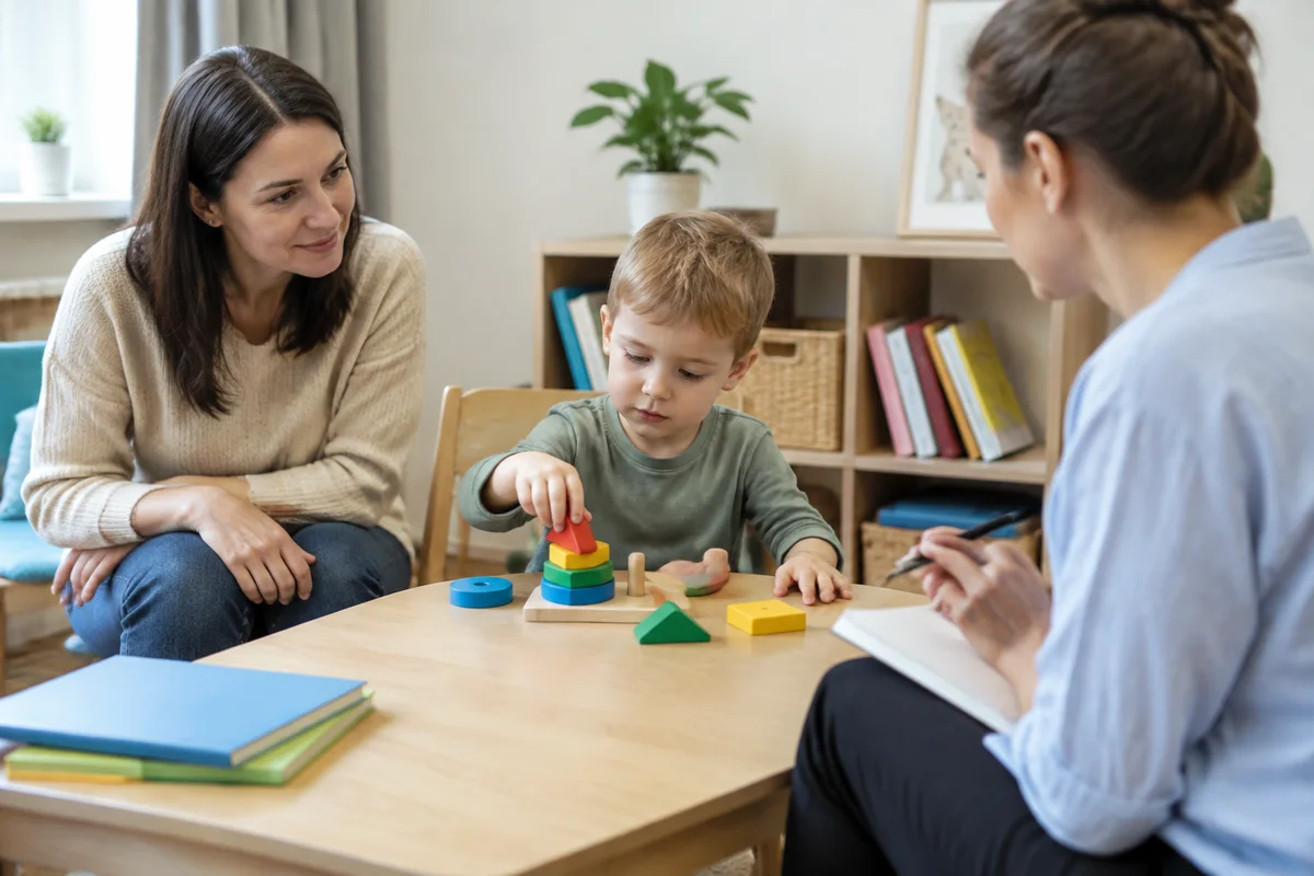 специалист наблюдает за игрой ребёнка в кабинете, мама рядом