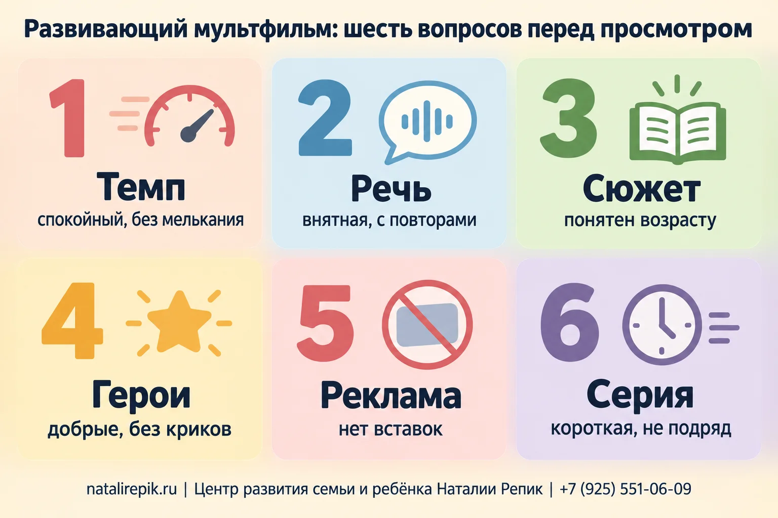 Инфографика «Развивающий мультфильм: шесть вопросов перед просмотром»: темп (спокойный, без мелькания), речь (внятная, с повторами), сюжет (понятен возрасту), герои (добрые, без криков), реклама (нет вставок), серия (короткая, не подряд)