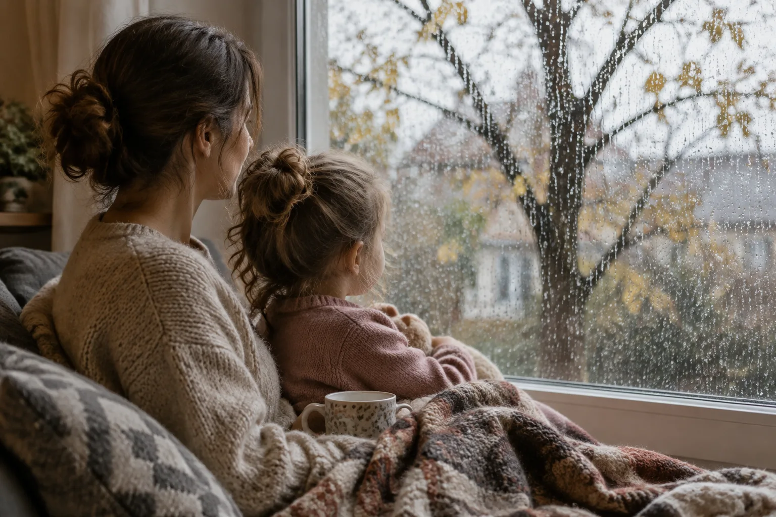Мама и четырёхлетняя девочка у окна в дождливый день, на стекле капли, за окном дерево с остатками листьев