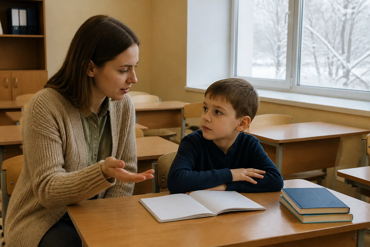 Учительница сидит рядом с первоклассником за партой и объясняет задание, на парте открытая тетрадь