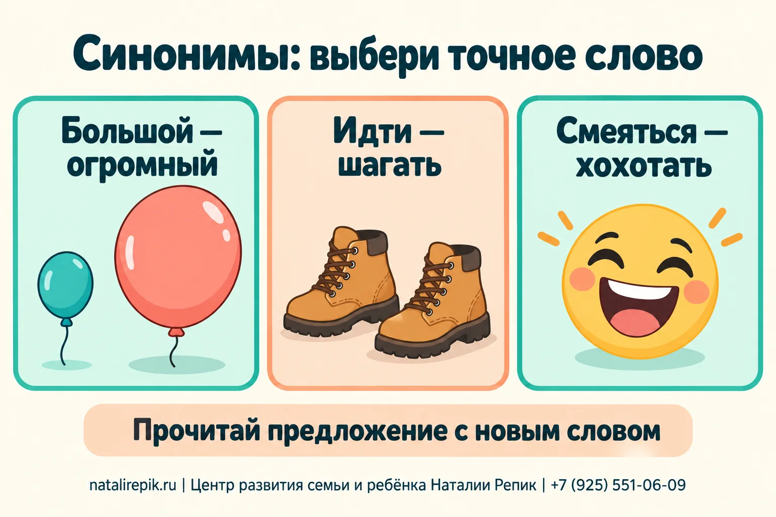 Шпаргалка: большой — огромный, идти — шагать, смеяться — хохотать; после замены прочитайте предложение и проверьте, подходит ли новое слово