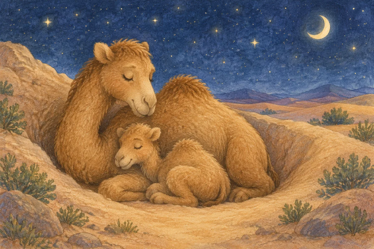 Маленький верблюжонок уютно спит в ямке на песке рядом с мамой под звездным небом пустыни.