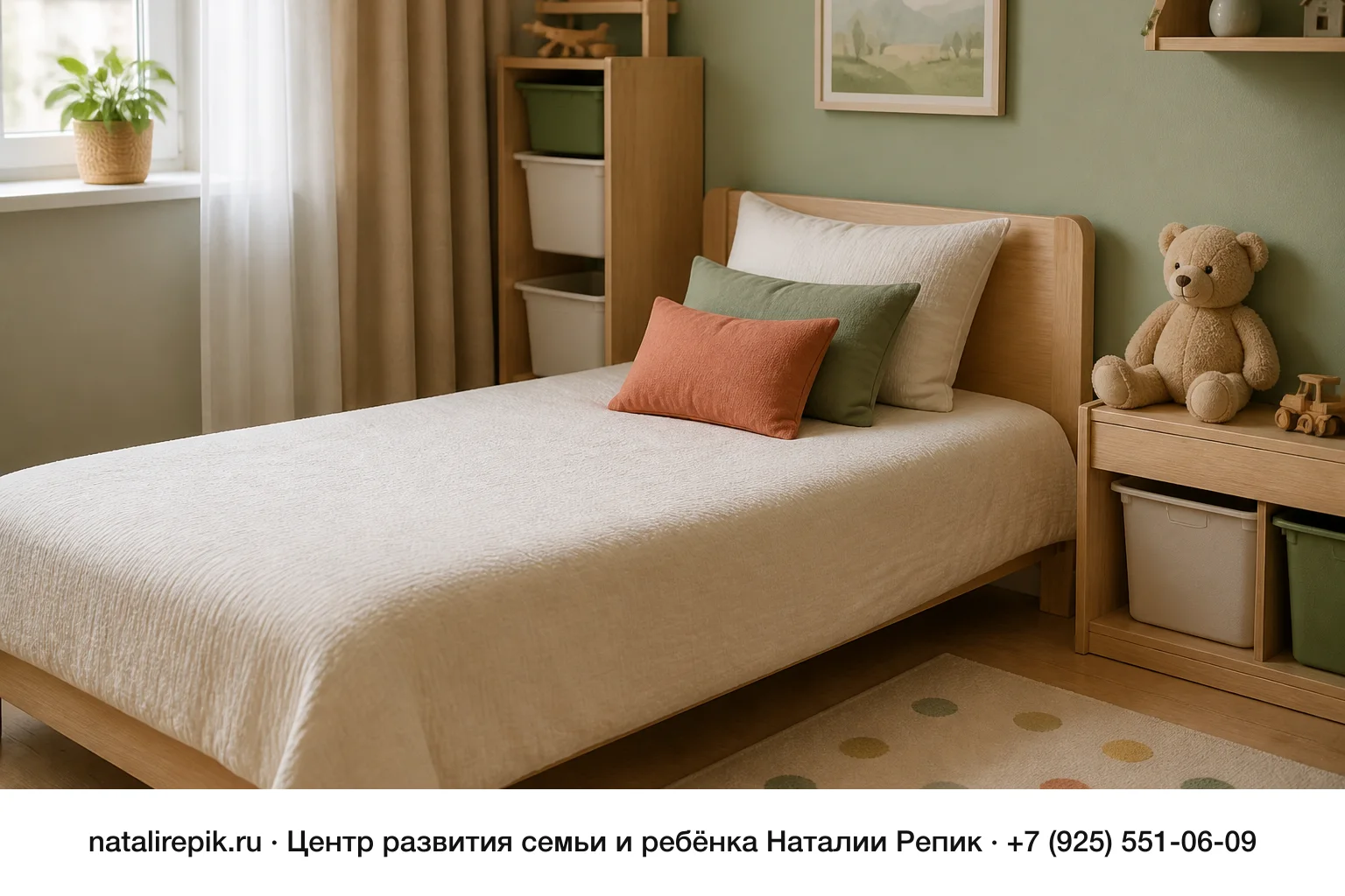 Заправленная детская кровать у стены, рядом тумбочка с игрушками, утренний свет