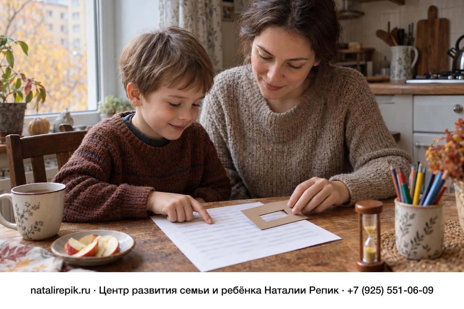 Мама и сын лет шести сидят за кухонным столом у окна: мальчик ведёт пальцем по распечатанному листу, мама придерживает картонную рамку с маленьким окошком, рядом чашка чая, тарелка с яблоком, стаканчик с карандашами и песочные часы