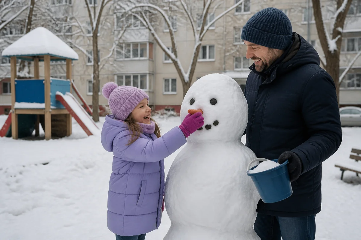 Папа и дочка лепят снеговика и называют, что для него нужно