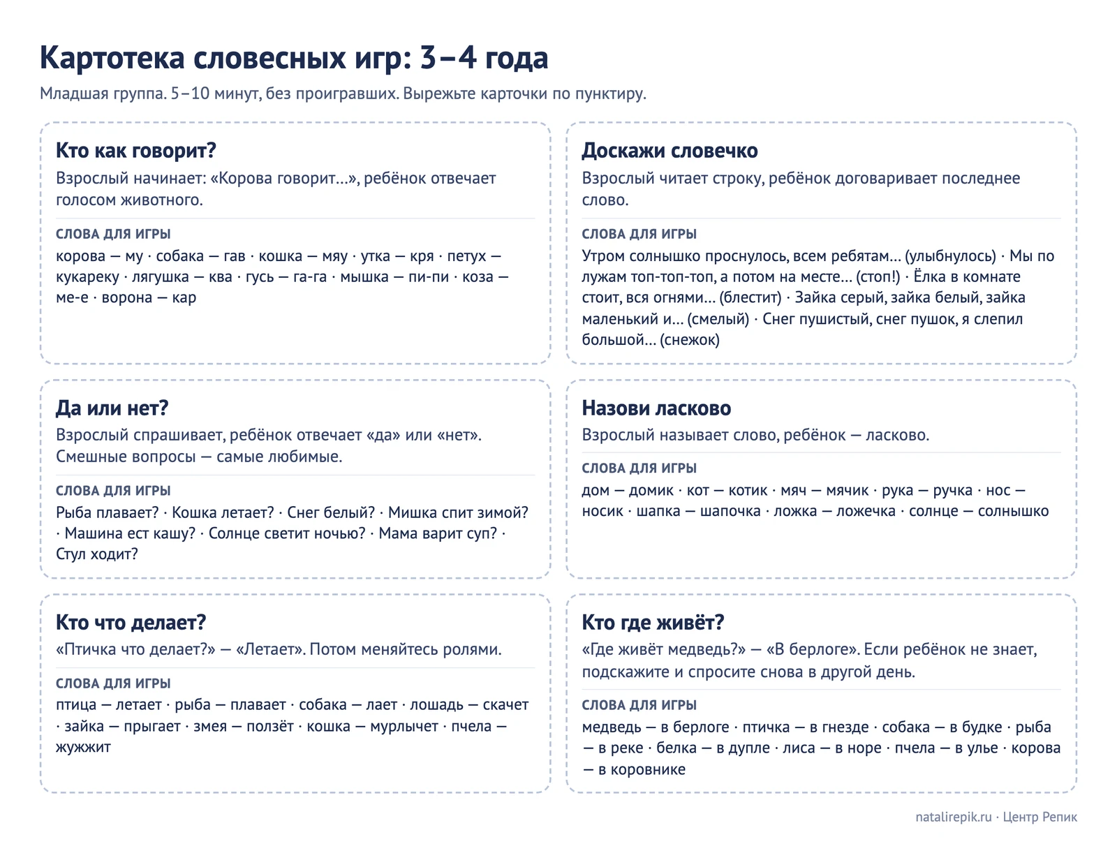 Лист для печати «Картотека словесных игр: 3–4 года» — «Кто как говорит?», «Доскажи словечко», «Да или нет?», «Назови ласково», «Кто что делает?», «Кто где живёт?» с готовыми словами для игры