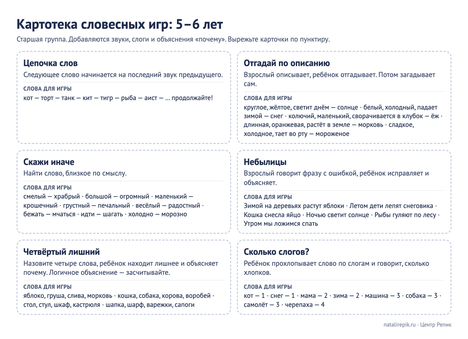 Лист для печати «Картотека словесных игр: 5–6 лет» — «Цепочка слов», «Отгадай по описанию», «Скажи иначе», «Небылицы», «Четвёртый лишний», «Сколько слогов?» с готовыми словами и ответами