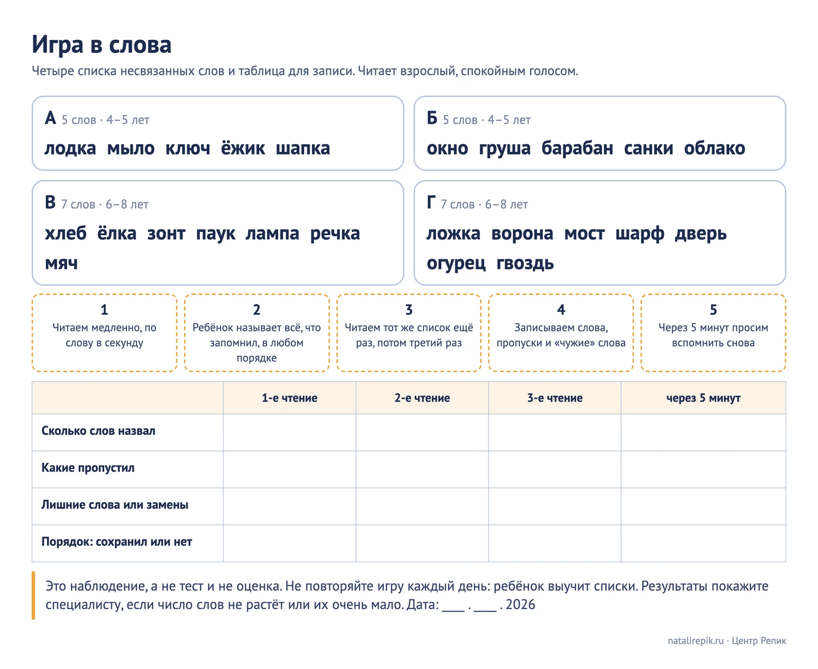 Лист «Игра в слова»: четыре списка слов (по пять и по семь) и таблица для записи результатов после первого, второго и третьего чтения и через пять минут