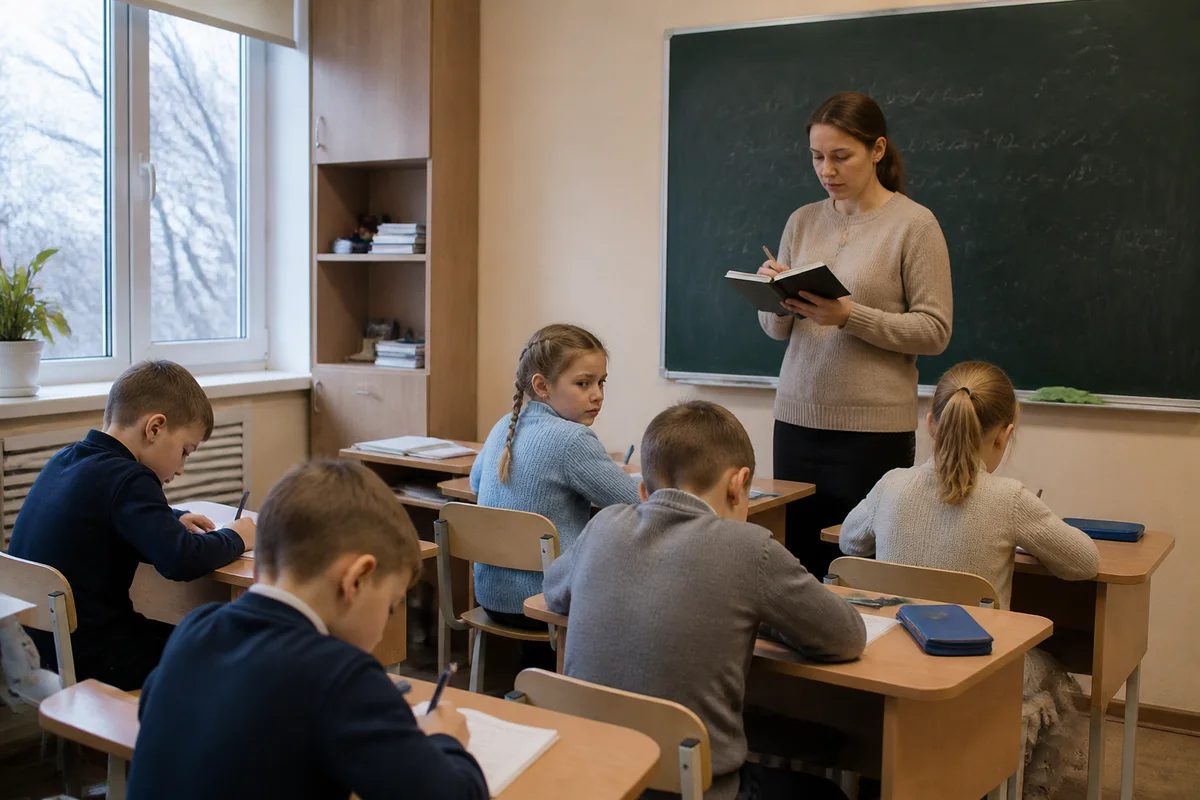 Урок: учительница диктует классу, девочка семи лет смотрит в тетрадь и растерянно слушает, остальные дети пишут