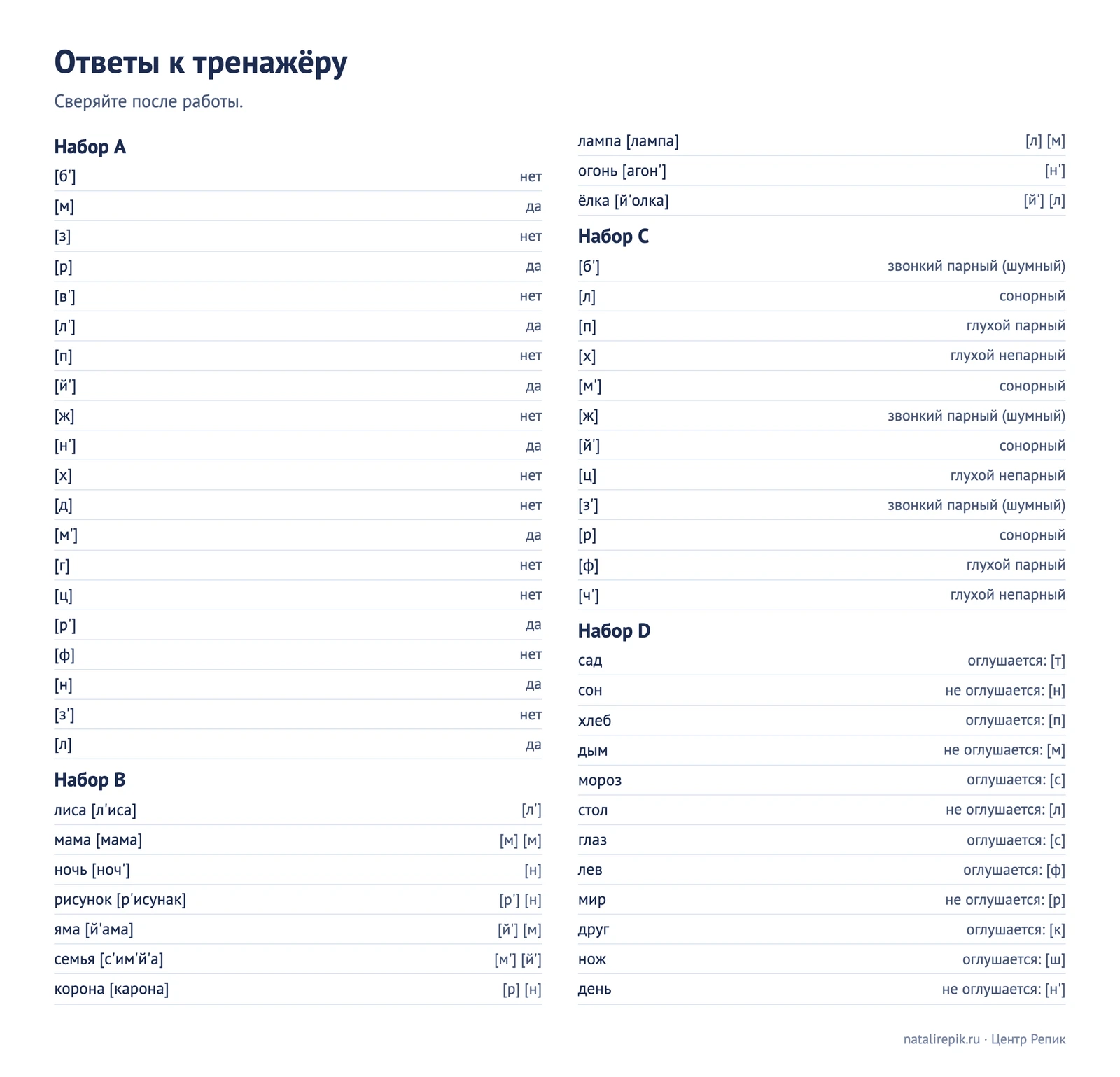 Лист с ответами к наборам A–D по сонорным звукам