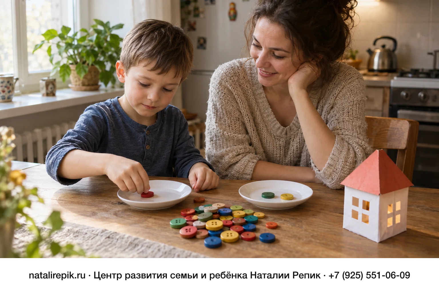 Мама и мальчик шести лет за кухонным столом: мальчик перекладывает разноцветные пуговицы с одной тарелки на другую, рядом бумажный домик с окошками