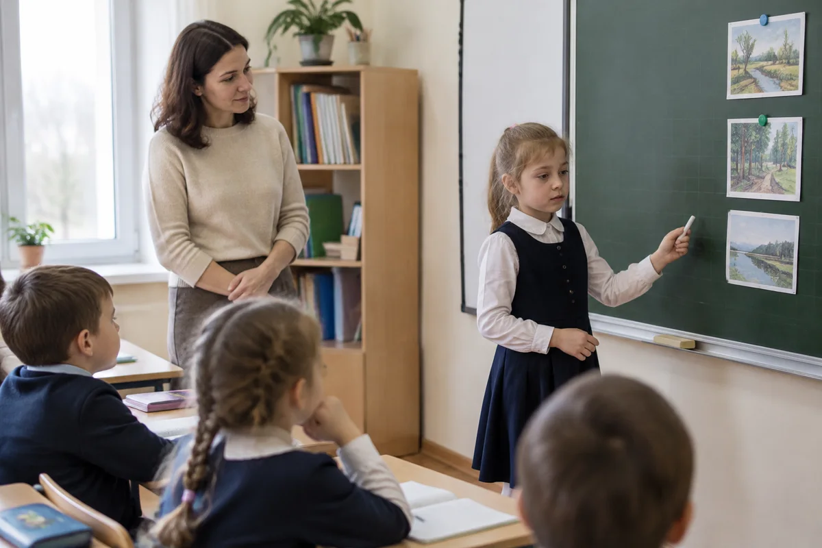 девочка шести лет у доски в классе отвечает перед одноклассниками, учительница стоит рядом и ждёт, вид у девочки сосредоточенный и немного уставший