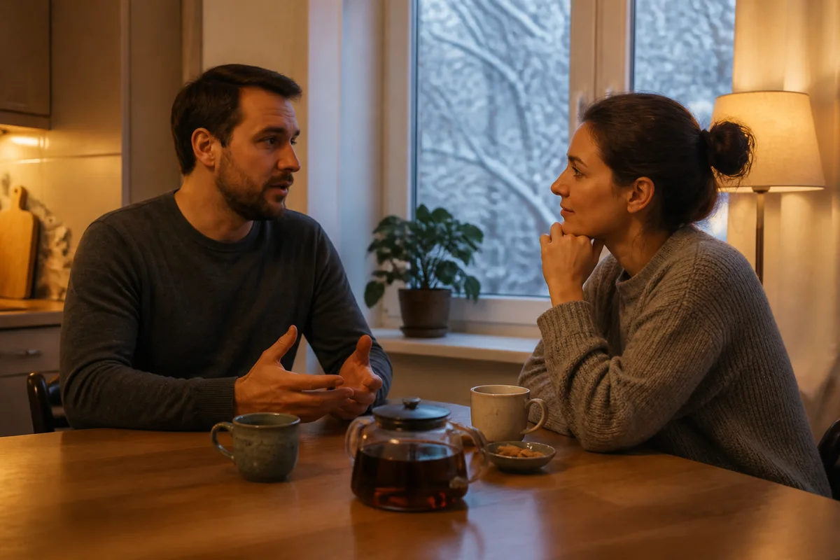 Мужчина и женщина сидят за кухонным столом, он спокойно объясняет, что ему нужно, она слушает без давления