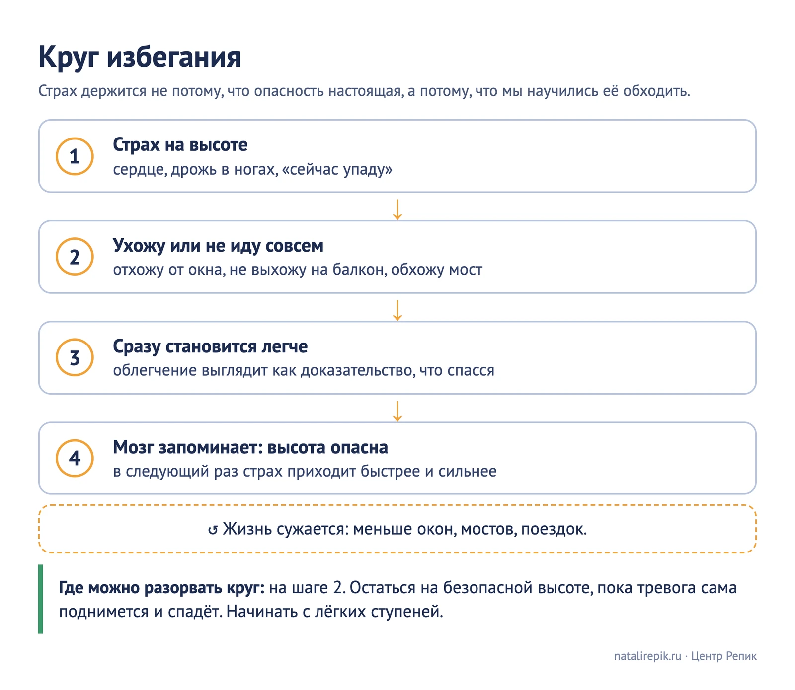 Схема «Круг избегания»: страх на высоте — уходим или не идём — облегчение — мозг запоминает, что высота опасна — страх сильнее