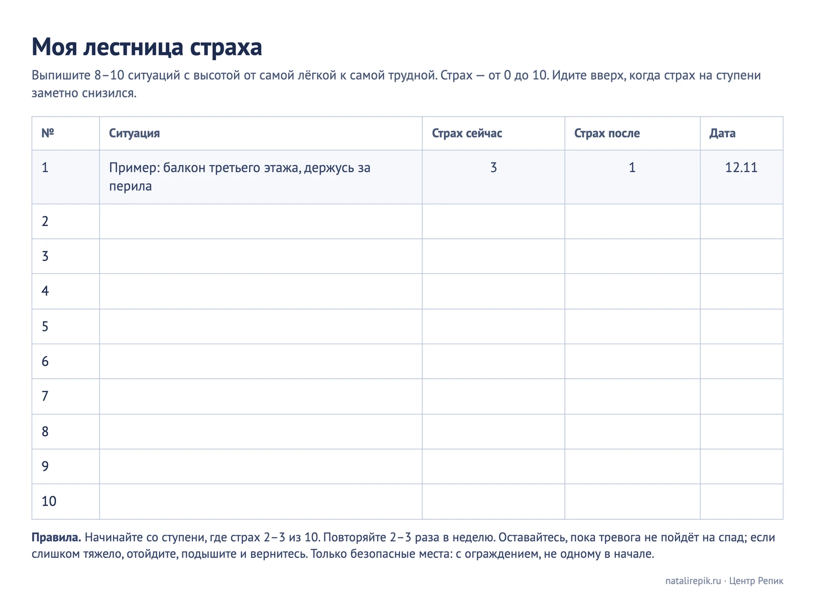 Лист «Моя лестница страха»: ступень, ситуация, страх до и после от 0 до 10, дата