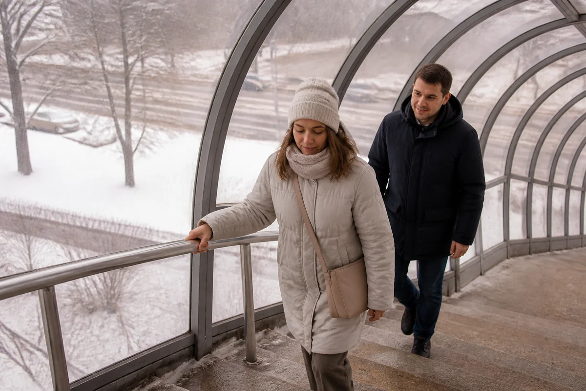 Женщина в зимнем пальто поднимается по лестнице пешеходного мостика, держась за перила, мужчина стоит на ступеньку позади