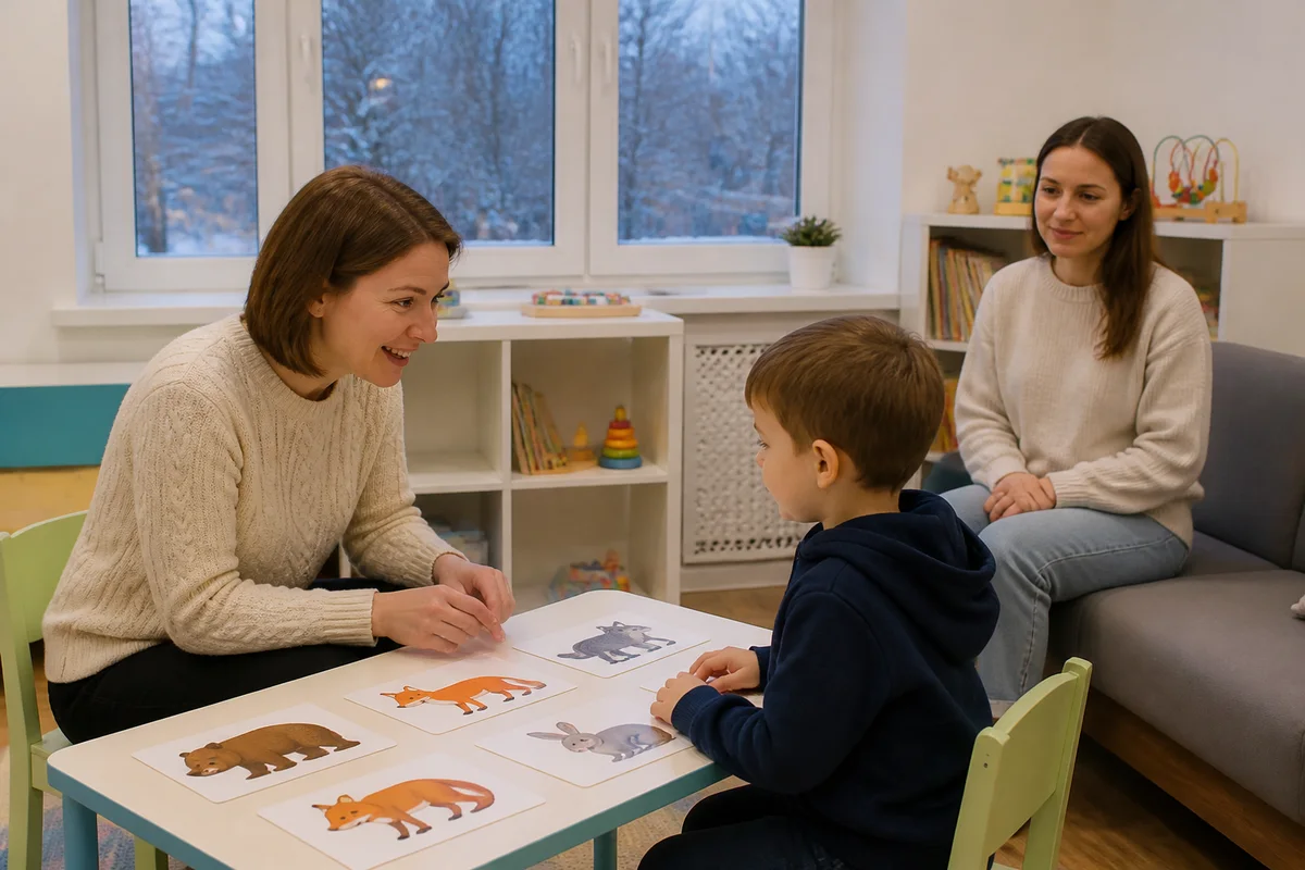 Логопед и пятилетний мальчик играют с карточками с картинками за столом, мама сидит рядом