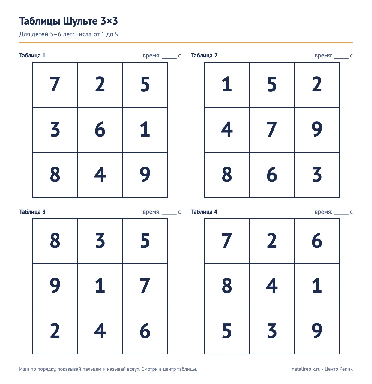 Лист для печати: четыре таблицы Шульте 3×3 с числами от 1 до 9 для детей 5–6 лет и строкой для времени