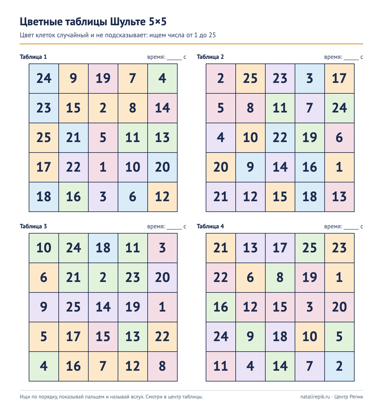 Лист для печати: четыре цветные таблицы Шульте 5×5, цвет клеток случайный
