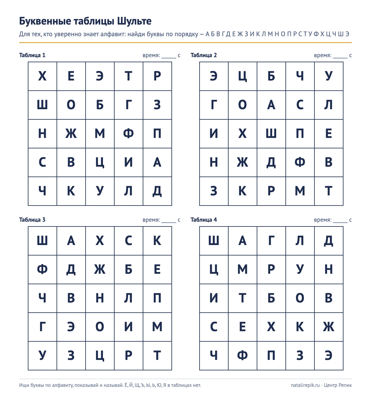Лист для печати: четыре буквенные таблицы Шульте 5×5 — двадцать пять букв алфавита вразброс