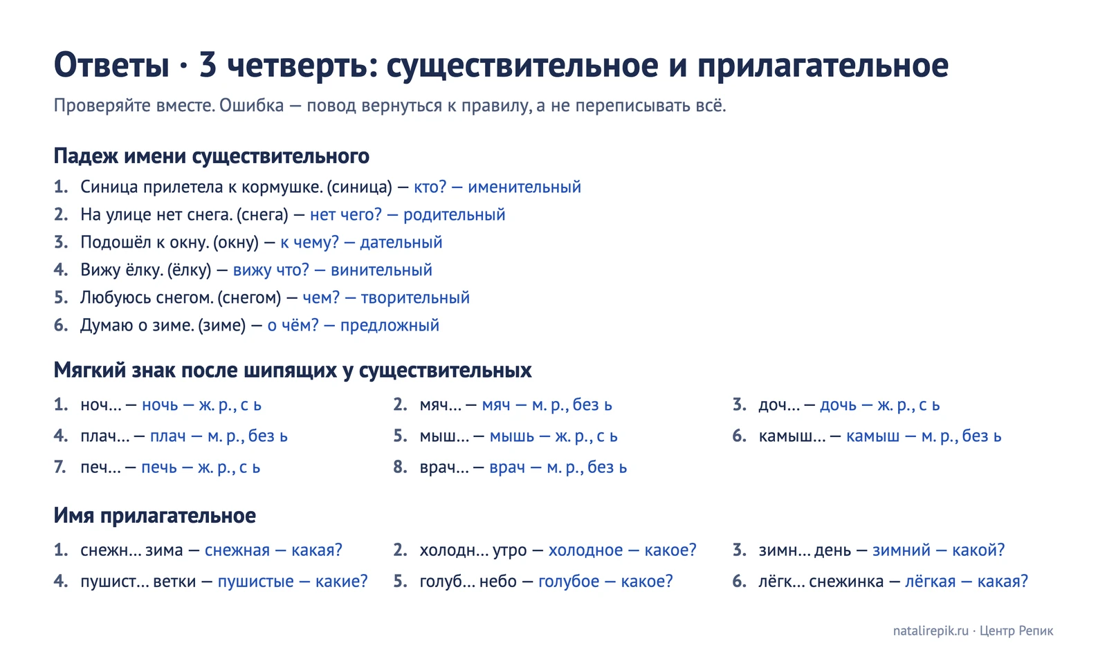 Ответы к листу 3 четверти: вопросы и падежи, слова с мягким знаком и без, прилагательные с окончаниями