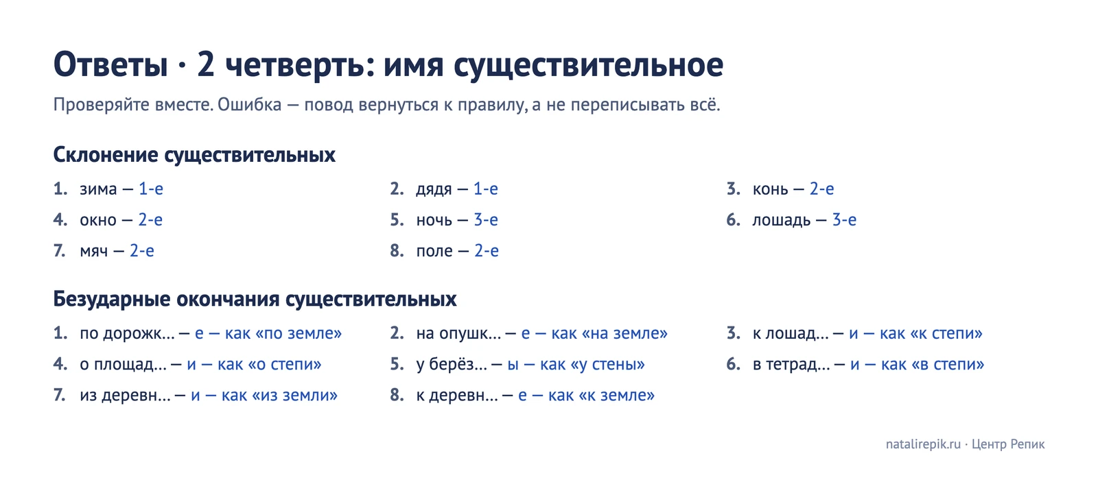 Ответы к листу 2 четверти: склонения и окончания существительных со словом-помощником
