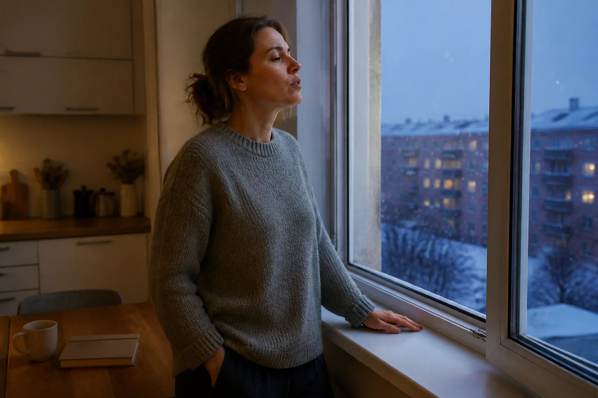 Женщина стоит у окна на кухне, опершись рукой о подоконник, и медленно выдыхает