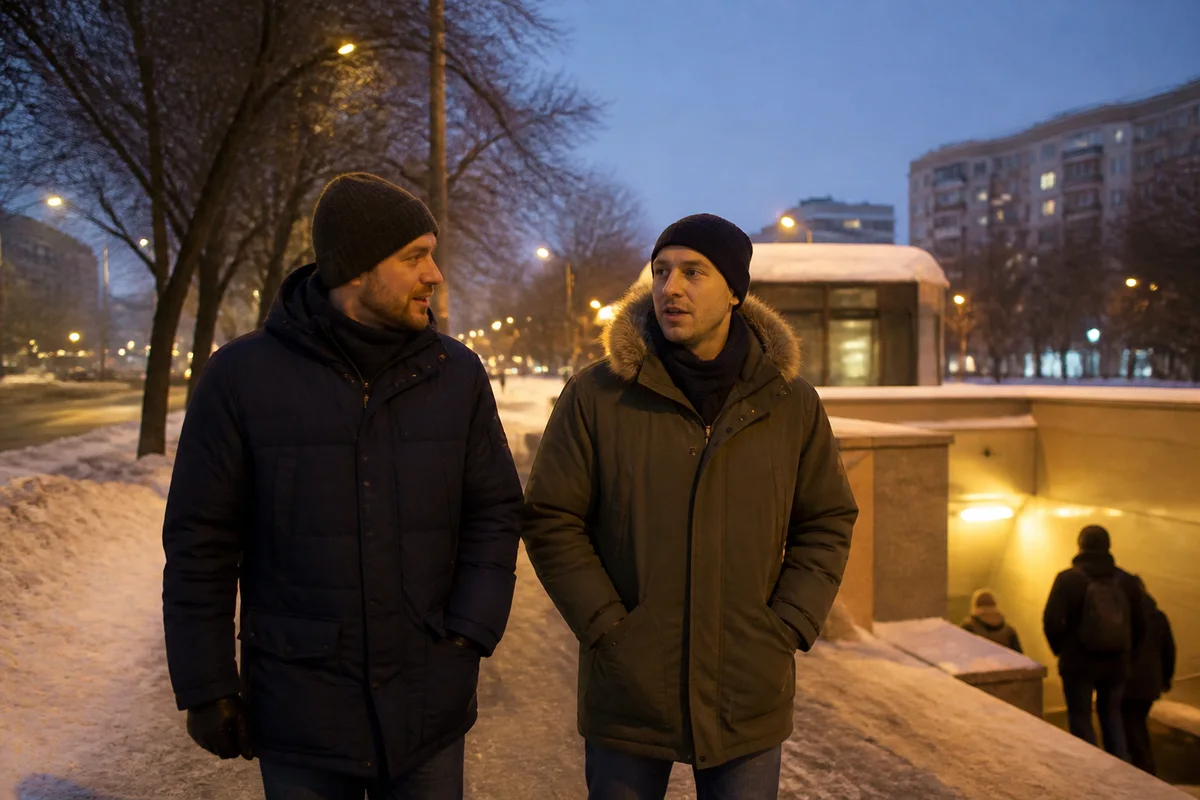 Мужчина идёт по заснеженной улице к входу в метро рядом с другом, оба в тёплых куртках, спокойно разговаривают