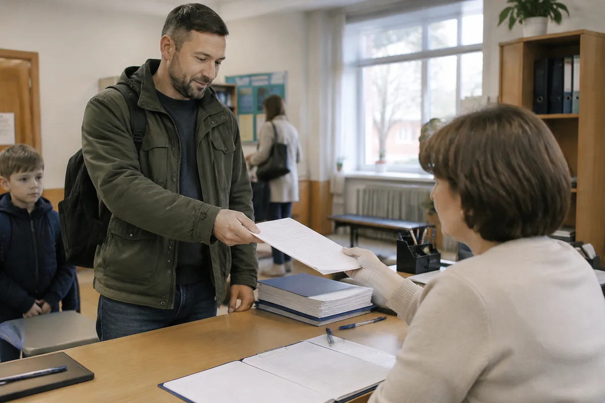 папа подаёт заявление в школьной канцелярии