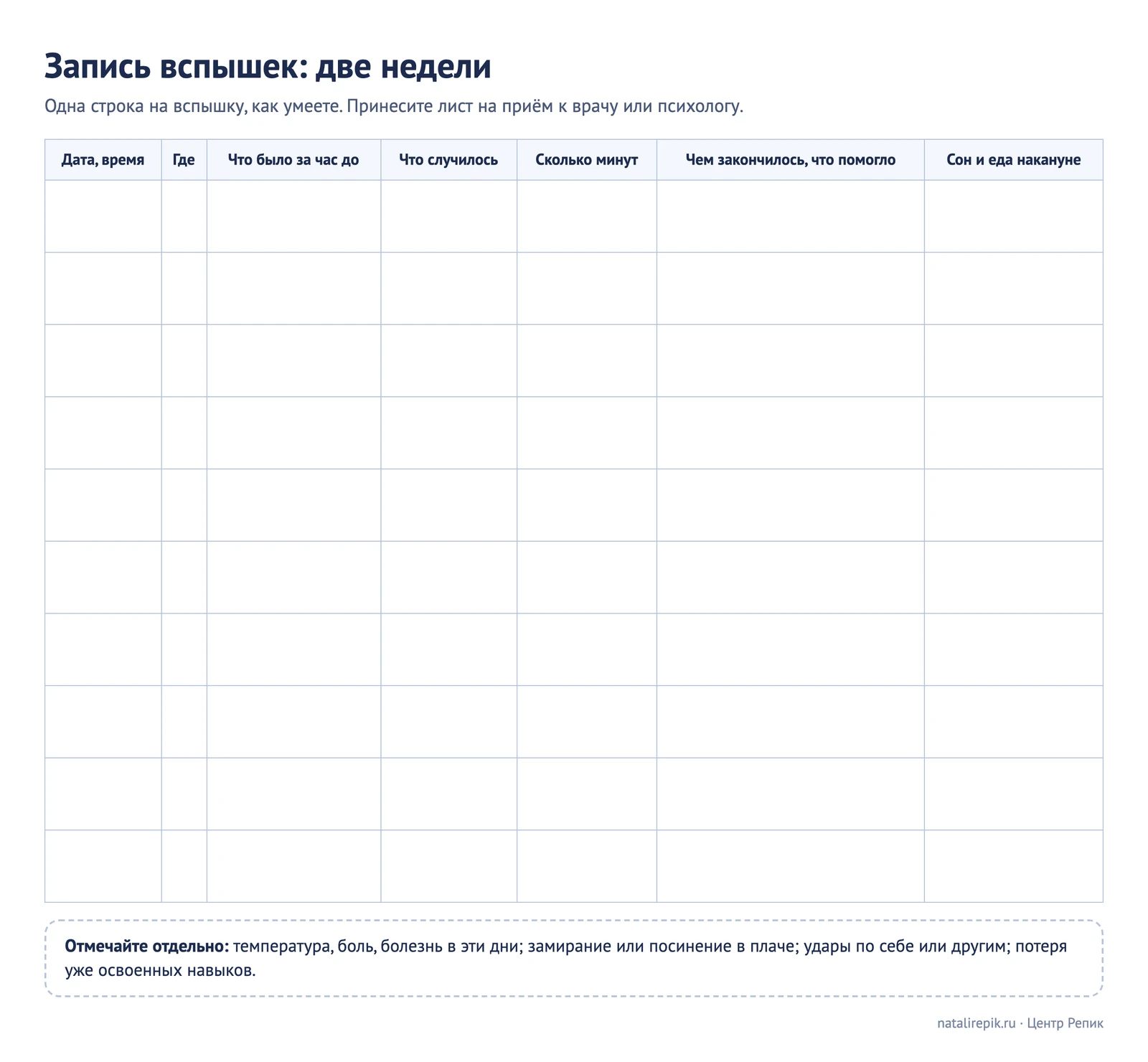 Лист для печати: запись вспышек за две недели, таблица с колонками время, что было до, что случилось, сколько длилось, что помогло