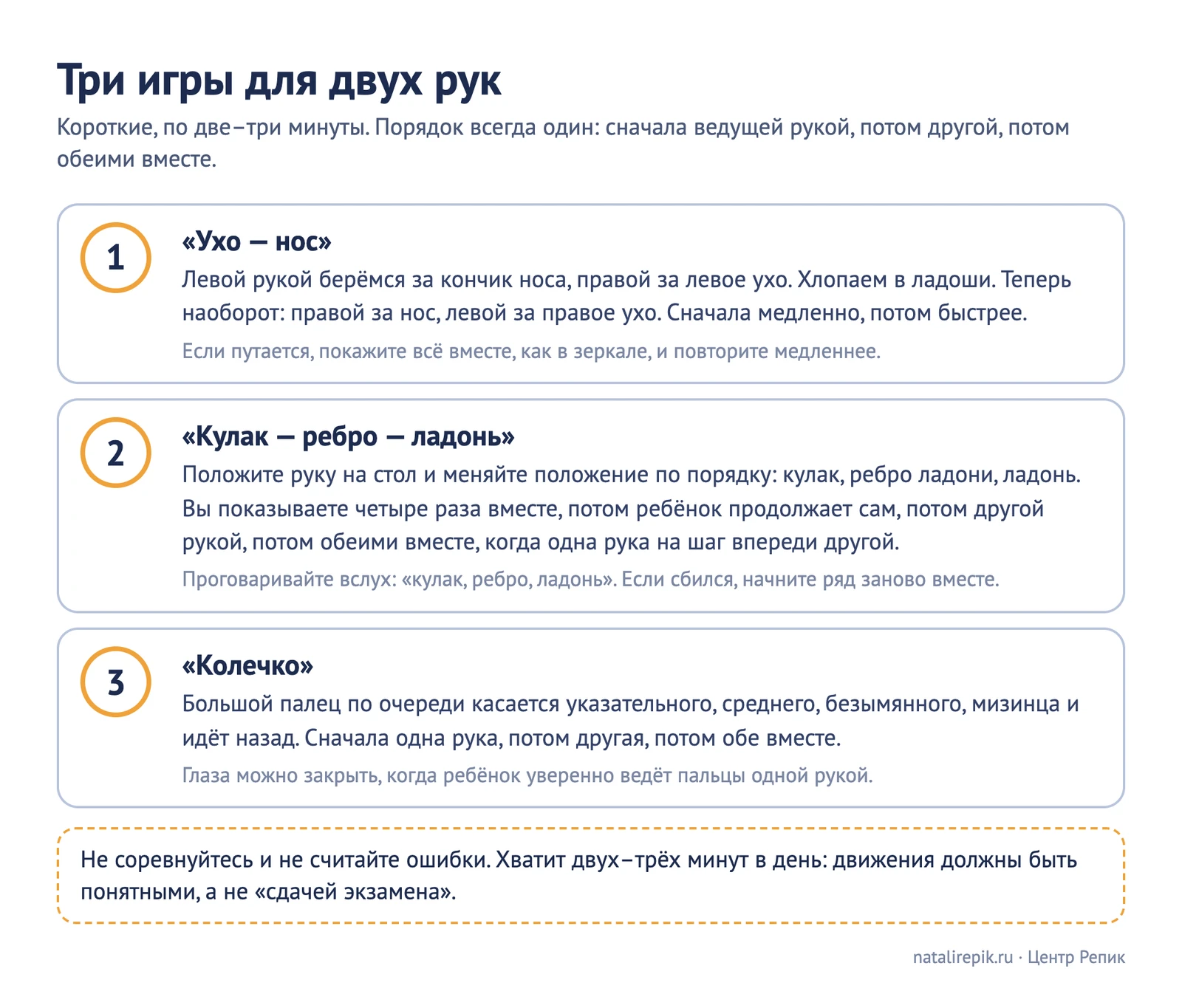 Лист «Три игры для двух рук»: «ухо — нос», «кулак — ребро — ладонь» и «колечко» с шагами