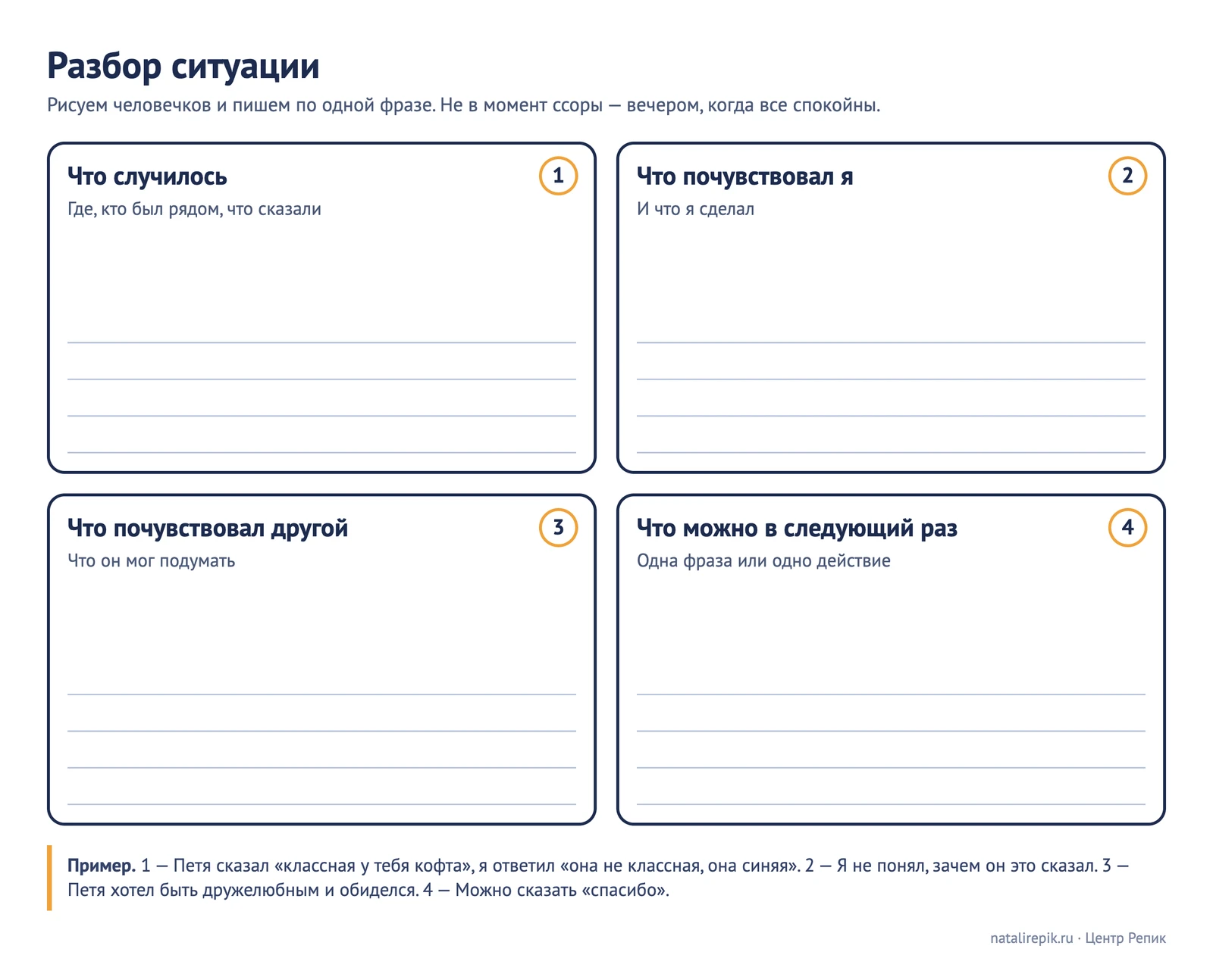 Лист для печати «Разбор ситуации»: четыре окошка — что случилось, что почувствовал я, что почувствовал другой, что можно в следующий раз — и пример разбора