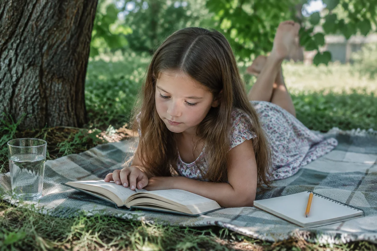 Девочка семи лет лежит на животе на пледе в тени дерева и читает книгу, рядом стакан воды и блокнот с карандашом