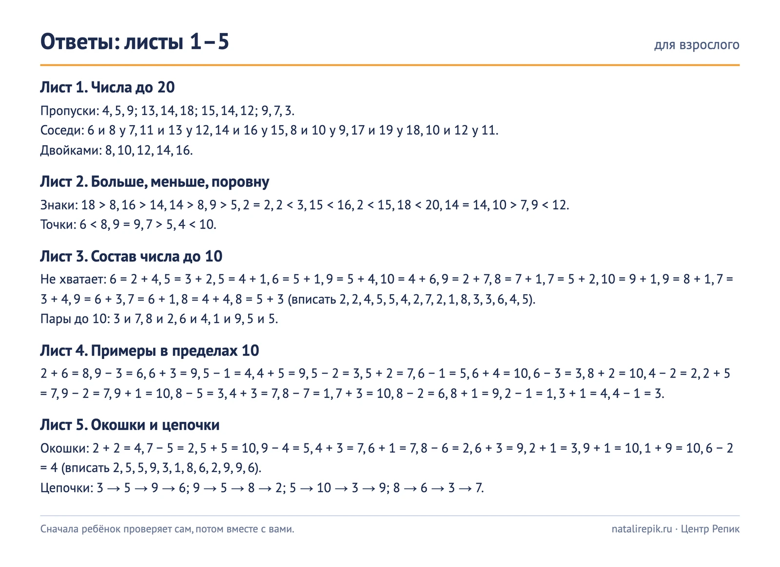 Лист ответов к листам 1–5: пропущенные числа и соседи, знаки сравнения, состав числа и пары до 10, примеры, окошки и цепочки