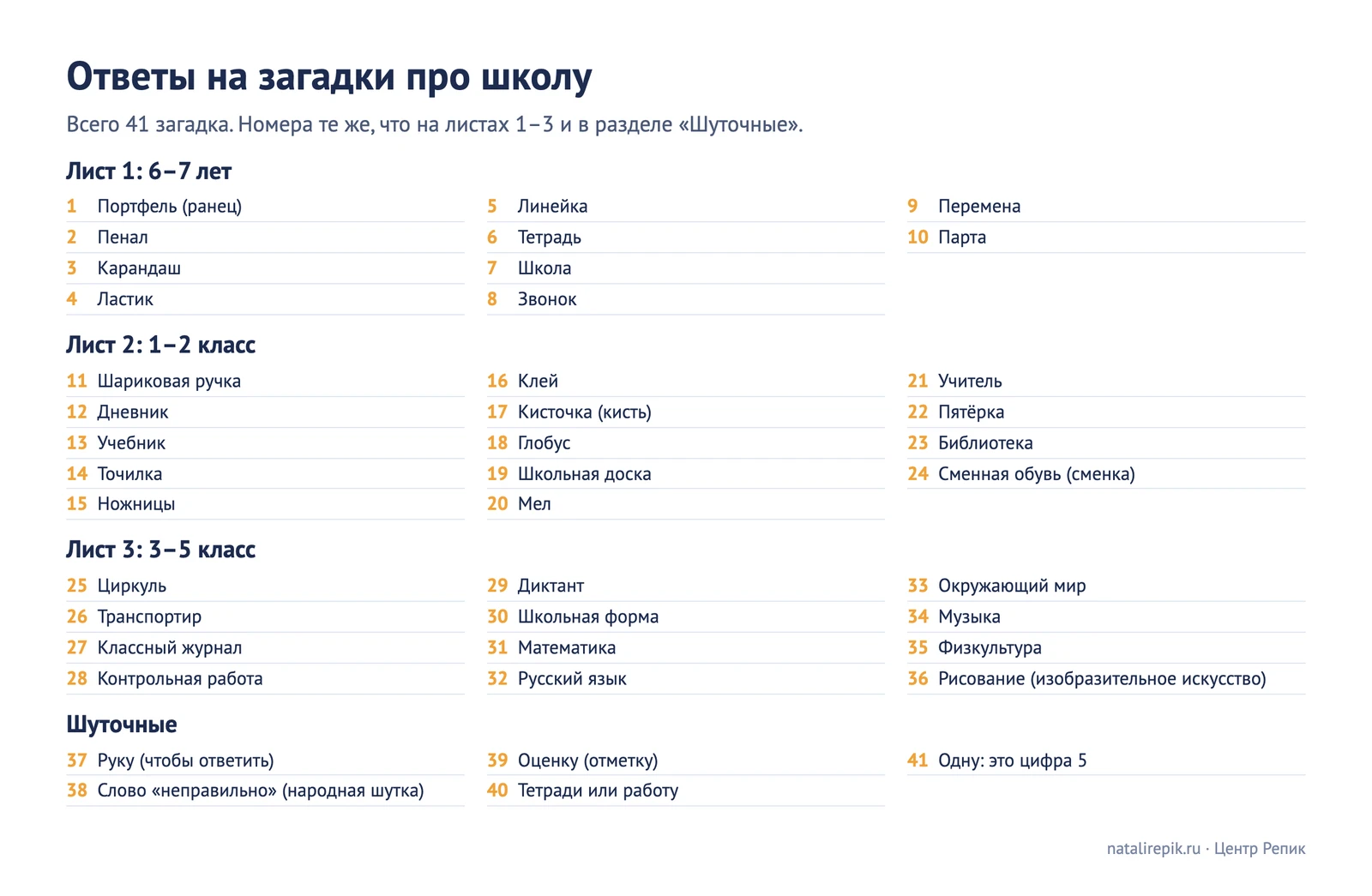 Лист с ответами на все 41 загадку про школу по листам и разделам