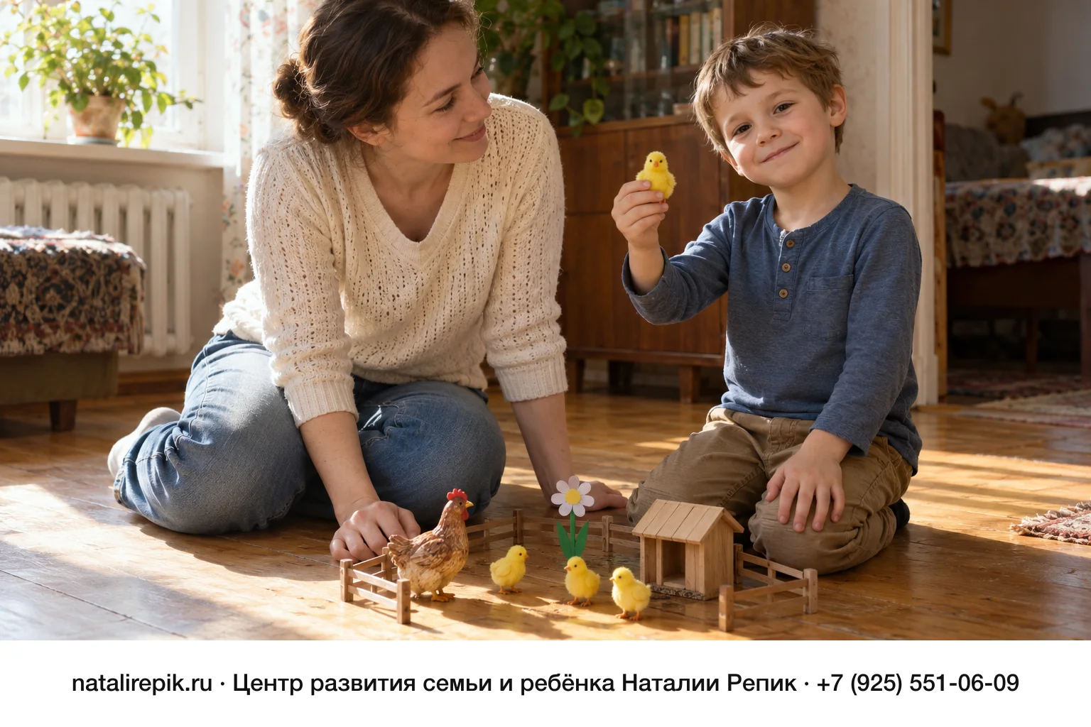 Мама и пятилетний сын сидят на полу в солнечной комнате с игрушечной фермой: фигурка курицы, пушистые жёлтые цыплята и бумажный цветок; мальчик держит жёлтого цыплёнка и улыбается