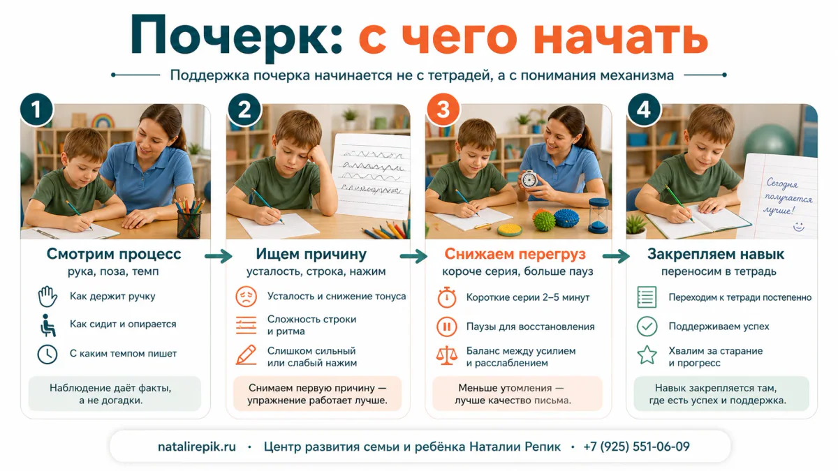 Инфографика: почерк с чего начать — смотрим процесс, ищем причину, снижаем перегруз и закрепляем навык