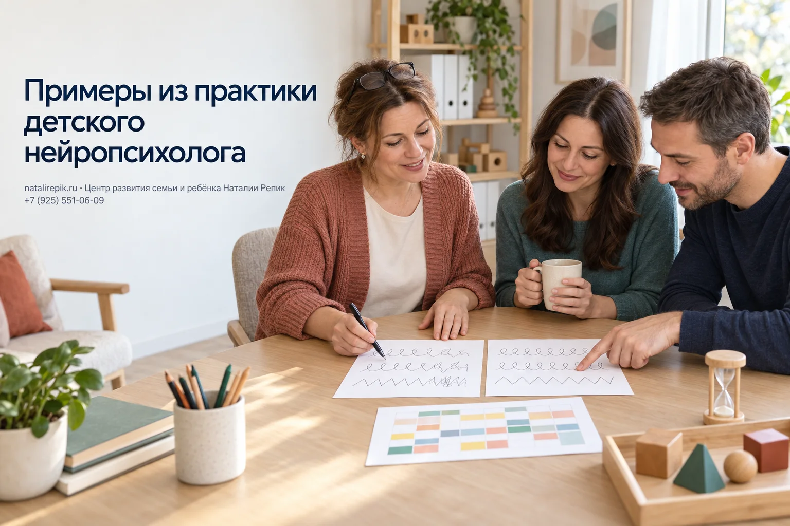 Нейропсихолог с родителями сравнивает два листа с графическими пробами ребёнка: на первом ряды петель к концу строки распадаются, на втором остаются ровными