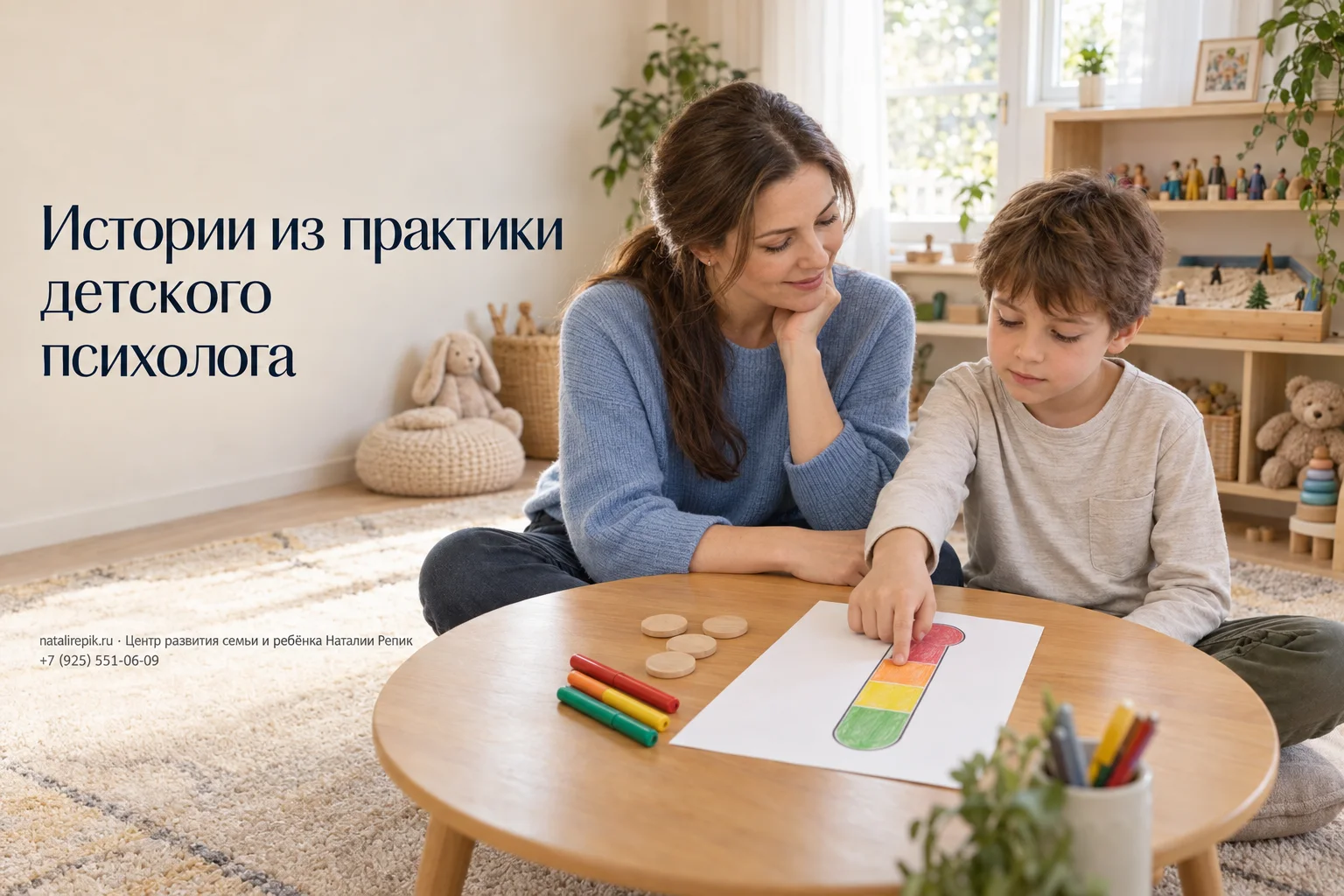 Мальчик показывает психологу на нарисованном «термометре чувств», насколько сильной была его злость; психолог сидит рядом на полу и слушает
