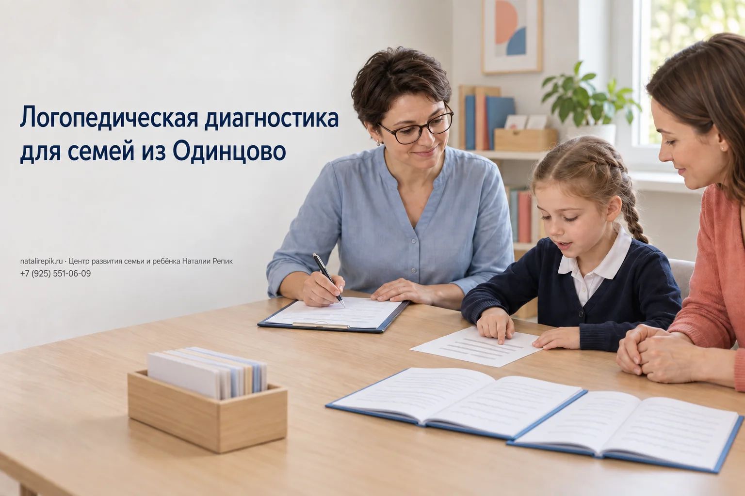 Школьница читает вслух с карточки, ведя пальцем по строке, логопед слушает и отмечает в бланке; рядом мама с тетрадями, принесёнными на диагностику