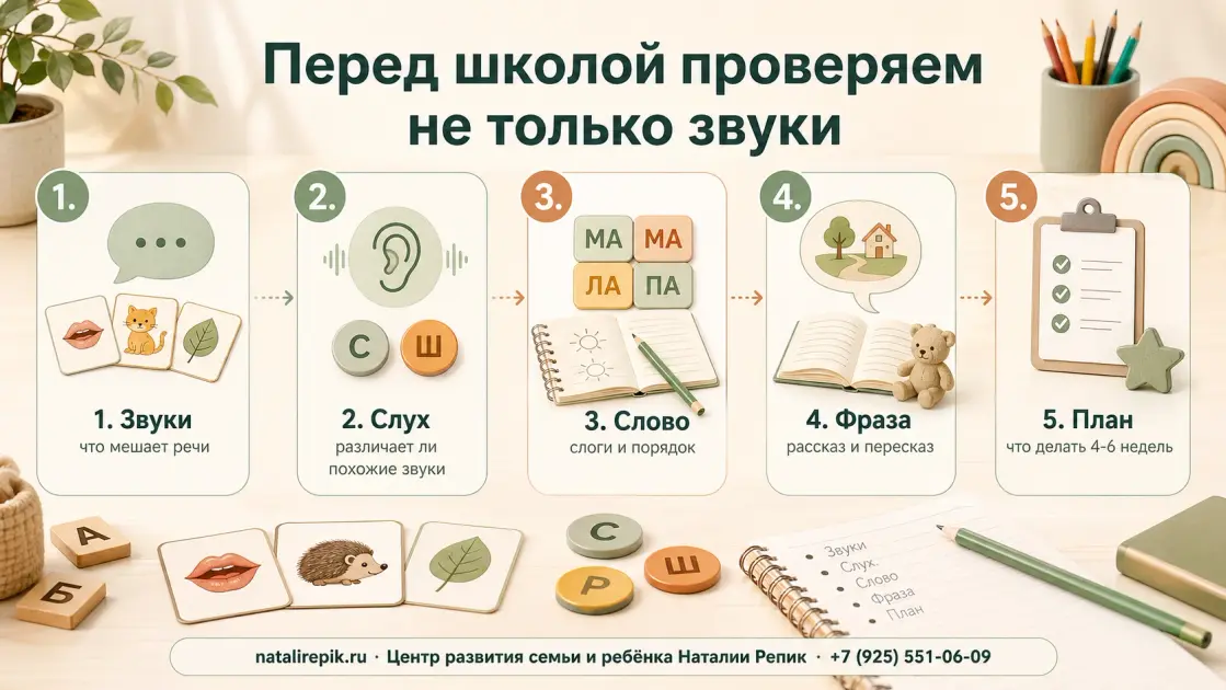 Инфографика: перед школой проверяем не только звуки — звуки, слух на похожие звуки, слово и слоги, фраза и пересказ, план на 4–6 недель