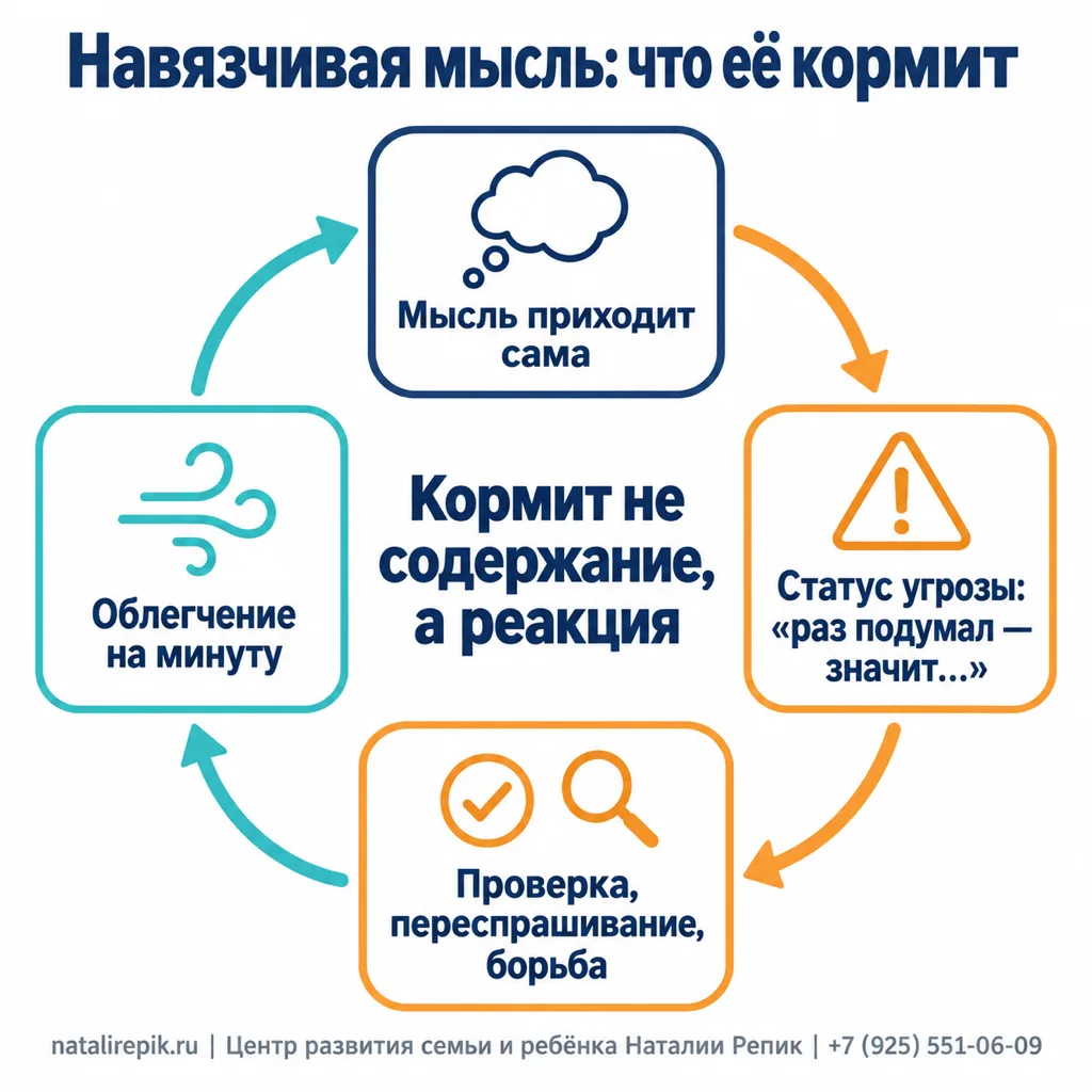Инфографика: навязчивая мысль — что её кормит: мысль приходит сама, получает статус угрозы «раз подумал — значит…», следуют проверка, переспрашивание и борьба, облегчение на минуту — и снова мысль; кормит не содержание, а реакция