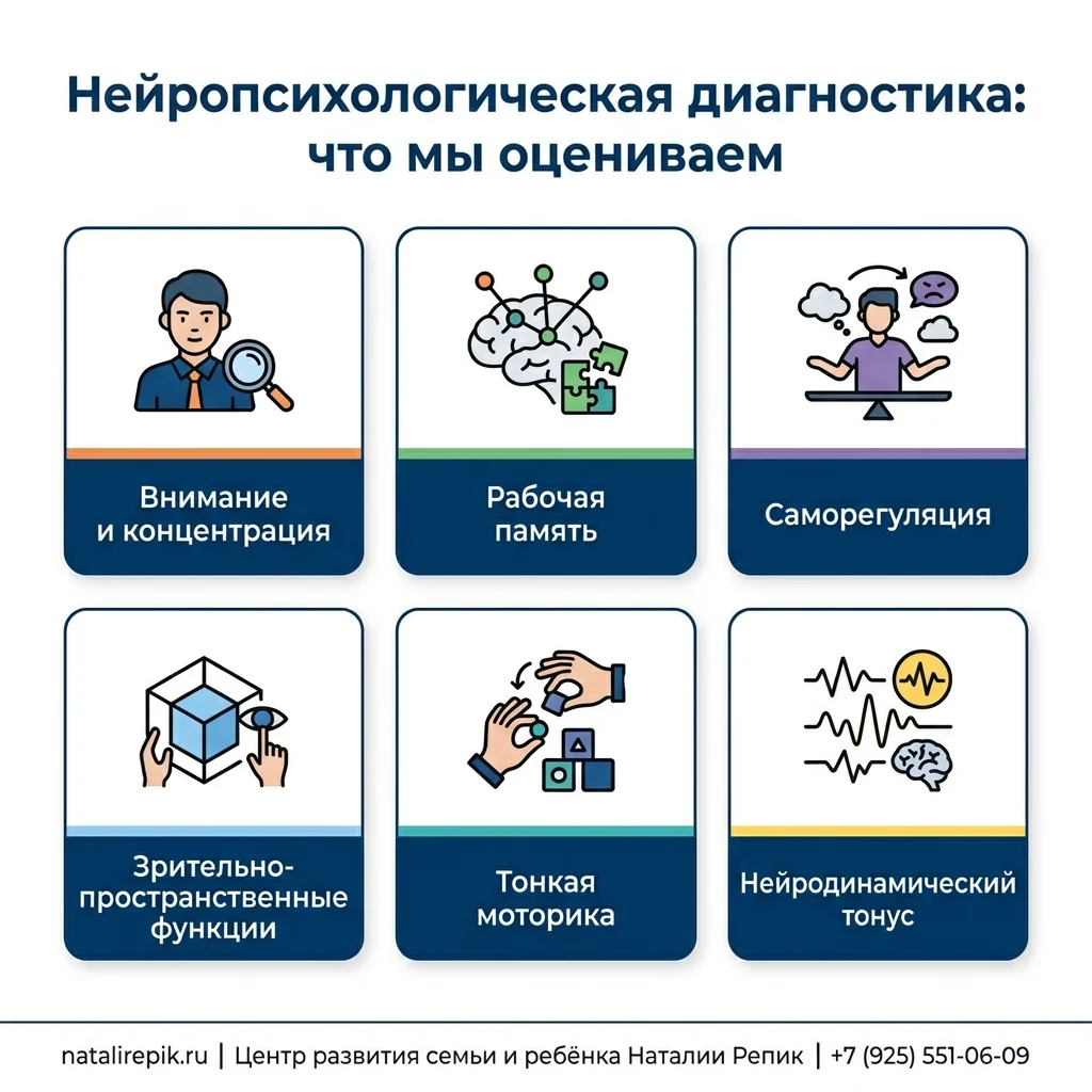 Инфографика: нейропсихологическая диагностика — что оценивает специалист (6 функций)