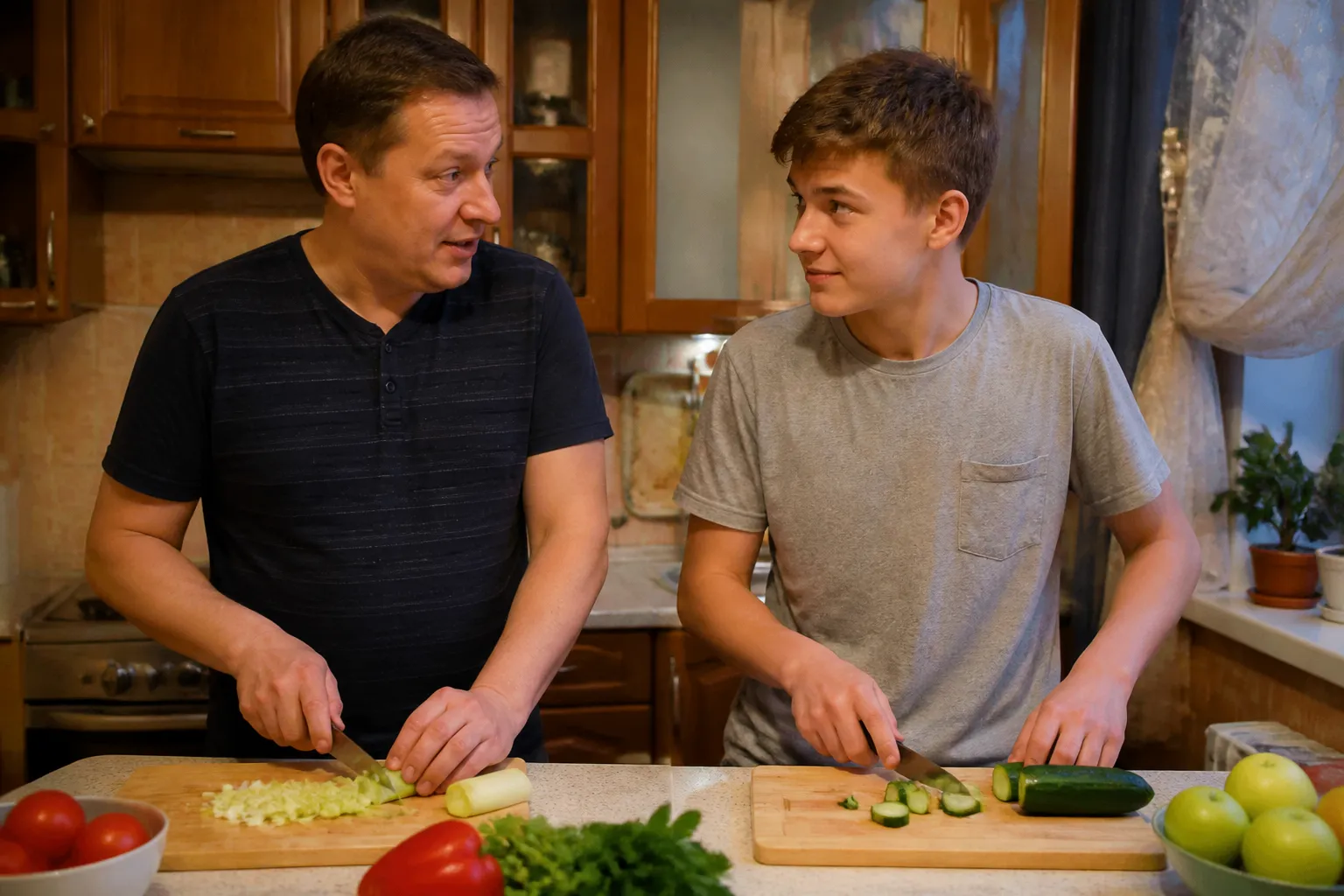 Отец и сын-подросток стоят рядом у кухонной столешницы, вместе режут овощи и спокойно разговаривают