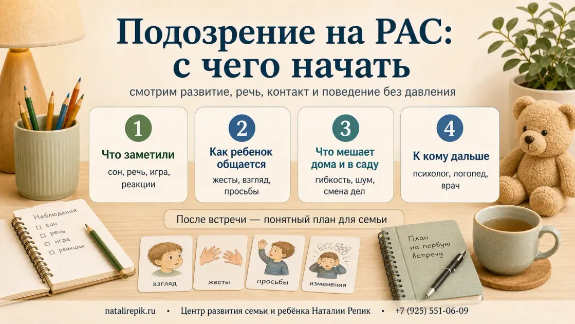 Инфографика: подозрение на РАС — что заметили, как ребенок общается, что мешает дома и к кому дальше